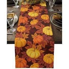 Fall Table Runner 36 Inches Long,Autumn Maple Leaves Pumpkin Tables Runners Dresser Scarves,Farm Harvest Orange Watercolor Tables Runner for Party Holiday Kitchen Dining Farmhouse 13x36IN