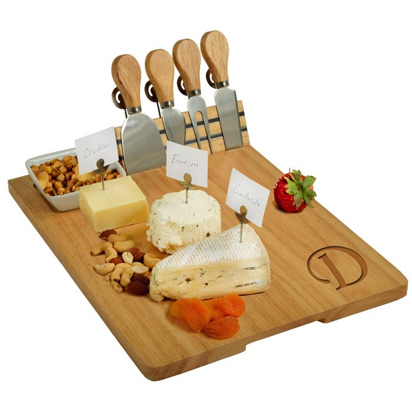 Picnic at Ascot Personalized Monogrammed Laser Engraved Hardwood Board for Cheese & Appetizers - Includes 4 Cheese Knives, Cheese Markers & Ceramic Dish - Designed in California