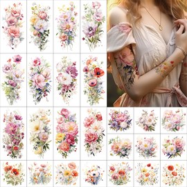 Everjoy Temporary Tattoo Cases with Floral Pattern, 12 Large Watercolour Flower Tattoo Stickers, 13 Small Fake Flower Tattoo Designs for Women and Girls