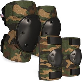 Paclord Tactical PRO Set of Knee Pads and Elbow Pads, Medium Size, Woodland Camo, 1 Pair - Complete Multi-Level Protection - Hard Cap & Adjustable Grip for Free Movement, Made in USA