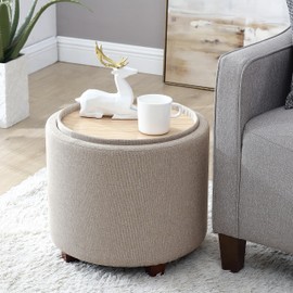 Ornavo Home Lawrence Round Storage Ottoman with Lift Off Lid and Tray Lid Coffee Table, Ottoman with Storage for Living Room, Bedroom and Office, Linen Beige