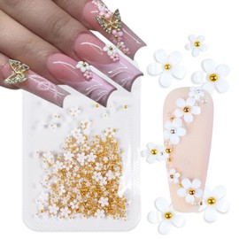 200Pcs Flowers Nail Charms 3D Resin White Flower Charms for Acrylic Nails Gold Pearl Nail Gems White Acrylic Flower Spring Summer Floral Nail Supplies Nails Rhinestones Decorations for Women Nail DIY