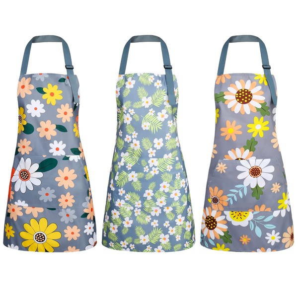 umorismo 3 Pcs Kitchen Aprons for Women Waterproof Cooking Apron with Pockets Adjustable Neck Bib Apron Floral Chef Aprons for Cooking Baking Gardening