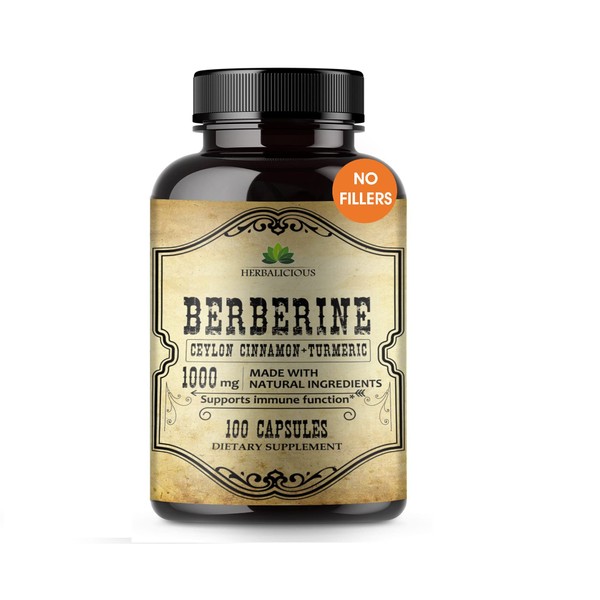 Berberine Capsules Ceylon Cinnamon & Turmeric - Berberine HCL Dietary Supplement for Men and Women – Non GMO Berberine 1000mg – Ideal for Immune Support, Heart, Cholesterol Level