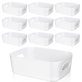 Akamino 10 Pcs Plastic Storage Boxes, 20.5X14X7Cm White Storage Baskets With Handle, Small Rectangular Cupboard Organiser Portable Storage Bins for Office Home Kitchen Bathroom