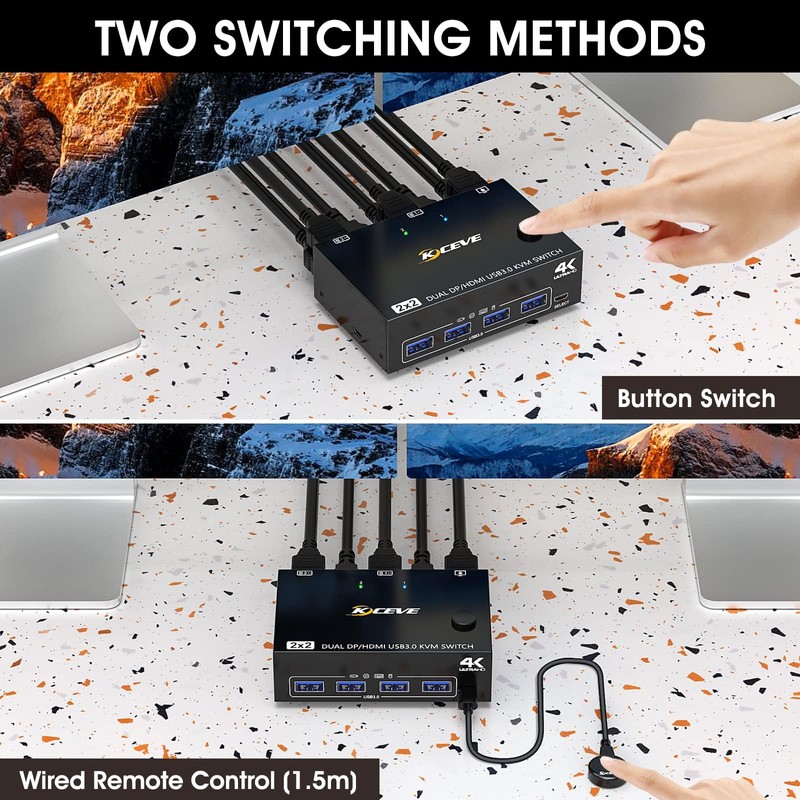USB 3.0 Dual Monitor KVM Switch HDMI+Displayport 4K@60Hz,2K@120Hz,Camgeet 2 Monitors