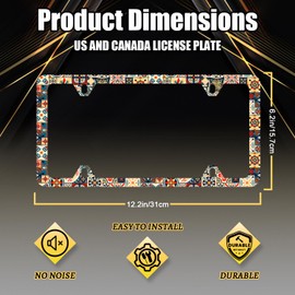 Mexican Tiles Pattern License Plate Frame Boho Mandala License Plate Holder for Front and Rear Car Tags Stainless Steel Funny License Plate Frames Car Decoration with Screws 12.2" x 6.2"