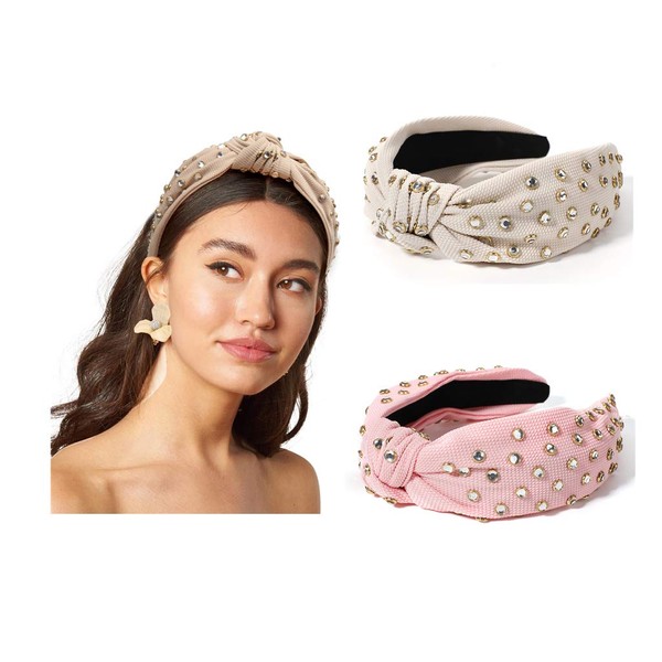 Pearl Knotted Headbands for Women Hair Twist Rhinestone Top Knot 2PCS Wide Band Fashion Cute Studs Hair Hoop Headbands For Adult Girl Vintage Hairband