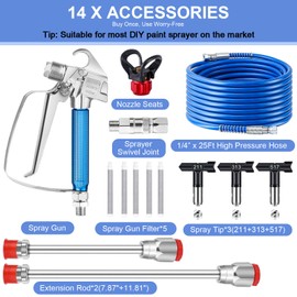 Gyfent 14Pcs Airless Paint Sprayer Gun Kit for DIY, 3600PSI Airless Spray Gun with 25Ft High Pressure Hose & 3Pcs Reversible Spray Tips & 2Pcs Extension Rod & 5Pcs Filters & Nozzle Seat