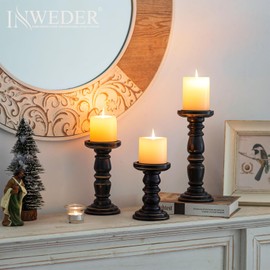 Inweder Wood Candle Holders for Pillar Candles, Solid Farmhouse Candle Holders (Set of 3), Tall Candle Holder, Stable Black Candle Holder for Home Decor, Fireplace, Event, Black