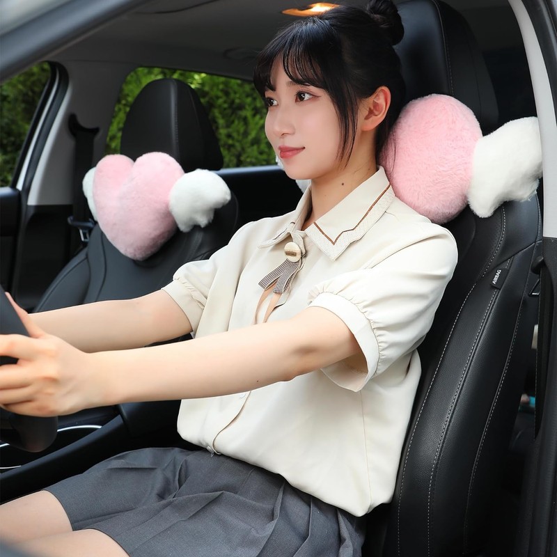 JOSON Heart-Shaped Angel Wings Car Headrest Set, 2-Piece, Soft Cushion,