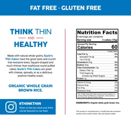 Suzie's Organic Brown Rice Cake Thins|12 Pack|Unsalted Sodium Free|USDA Organic, NON-GMO, Fat-Free, Sugar-Free, Gluten-Free|Low-Calorie Snack-16 Calories Per Slice|Bread & Cracker Replacement