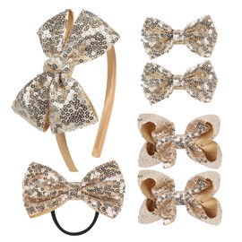 Sequin Grosgrain Bow Hair Accessories Gift Set – 6-Piece Sparkling Hair Bows, Clips, Headband & Hair Tie for Little Girls and Toddlers （Gold)