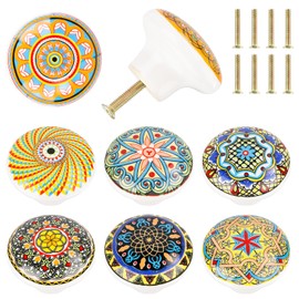 Fonyet Pack of 8 Ceramic Knobs Furniture Knobs Bohemian Style Cabinet Knobs 39mm Round Drawer Knobs Door Knobs with Different Patterns for Dresser, Drawer, Cupboard