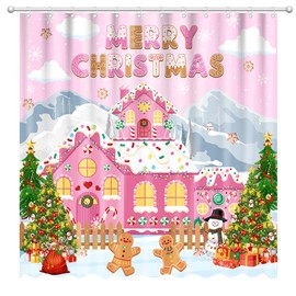 Fitumiw Christmas Gingerbread House Shower Curtain 72" x 72" Merry Christmas Home Bathroom Decorations Pink Candy House Bathtub Curtain Set with 12 Hooks