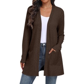 QIXING Women's Cardigan Open Front Lightweight Long Sleeve Casual Sweater Cardigan with Pockets for Autumn Winter (Coffee, L)
