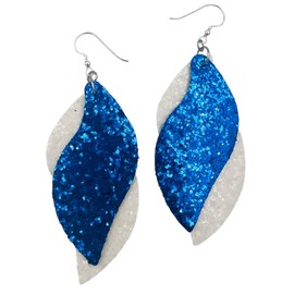 Leather Glitter Earrings for Women - Double Layer Baseball Mom Glitter (Royal Blue & Snow)