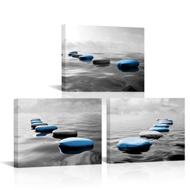 LyerArtork 3 Pieces Zen Wall Art Canvas Prints Gray Black and Blue Tranquil Zen Stones in Water Calming Modern Artwork Spa Bathroom Wall Decor for Yoga Studio Meditation Living Room 12x16inchx3