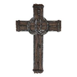Ebros Gift 19" High Rustic Western 2 Lucky Horseshoes Wall Cross Decor Plaque With Vintage Barbed Wire And Braided Rope Design Sculpture Inspirational Catholic Christian Accent Decorative Crosses