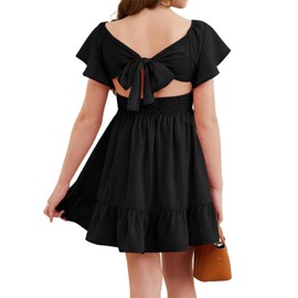 DOKOTOO KIDS Girls Tie Back Dress Casual Ruffle Short Sleeve Flowy Dresses Black 10-11 Years Old