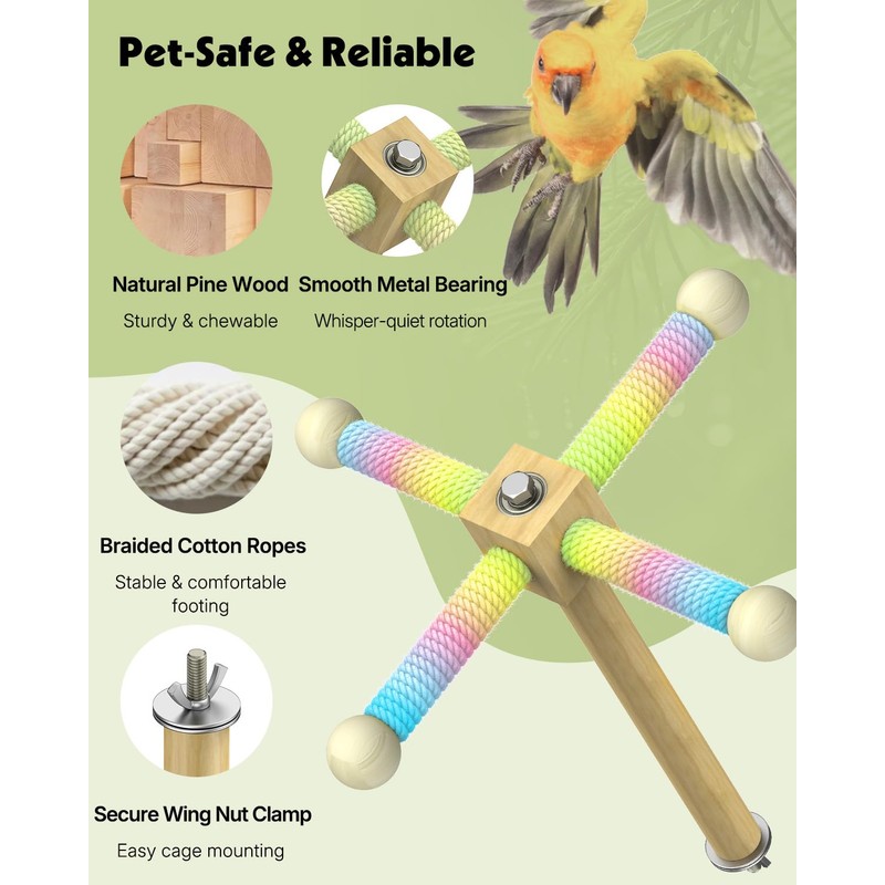 Pawfly Natural Wood Spinning Bird Standing Perch, 360 Degree Rotatable