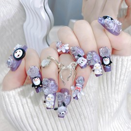 Coffin Press Nails Long Square Fake Nails Purple Full Cover Acrylic Nails with 3D Charms Designs False Nails Press Ons Flower Artificial Nails Summer Natural Stick on Nails for Women 24Pcs