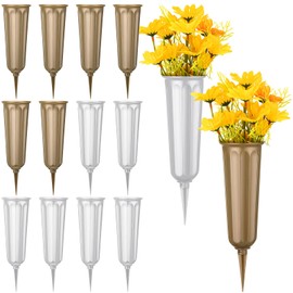 12 Pcs Cemetery Vases with Spikes Plastic Memorial Floral Vases Grave Flower Holder Cone In Ground Vases with Stakes for Lawn Headstone Graveside Decoration Artificial Fresh Flowers (White, Bronze)