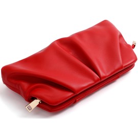 Red Women Clutch Bag Dressy Formal Handbag Pleated PU Clutch Purse Detachable Chain Crossbody Bag