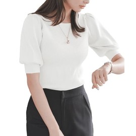 Kobe Lettuce C3147 Short Sleeve, Basic Rib Knit, Solid, Simple Sweater, Spring, Summer, Work, Commute, Fashionable, Cute, New Puff Sleeve White