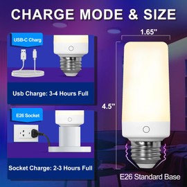 4PK Rechargeable Light Bulbs with Remote, E26 Battery Operated Light Bulb with Dual Recharging Ways, Tuned White LED Emergency Light with 12 RGB Colors Optional & Timer,Ideal for Home,Power Outages