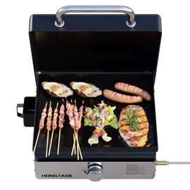 HongTaok 18 Inch Gas Grills with Hood, Nonstick Propane Gas Portable Flat Top Griddles for Outdoor, Camping, Kitchen, Family Gatherings, 12,500 BTU, Black