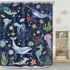 Riyidecor Kids Whale Sea Animal Shower Curtain for Bathroom Decor 60Wx72H Blue Ocean Cartoon Underwater Turtle Octopus Fish Funny Marine Art Printed Fabric Polyester Waterproof 12 Pack Plastic Hooks
