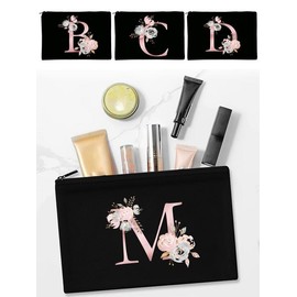 Letter & Floral Pattern Makeup Bag, Zipper Makeup Organizer Pouch, Cosmetic Storage Bag, Travel Toiletry Storage Bag for Makeup Brushes, Skincare Products, Lip Balms, Eyeliners, Mirror, Stationery - Color: Black, Size: W