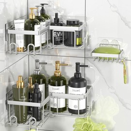 Youvip Shower Caddy Corner，3 pack Corner Adhesive Shower Caddy，Stainless Steel Bathroom Shower Organizer with Hooks & Soap Holder，Shower Shelves No Drilling for Bathrrom，Silver
