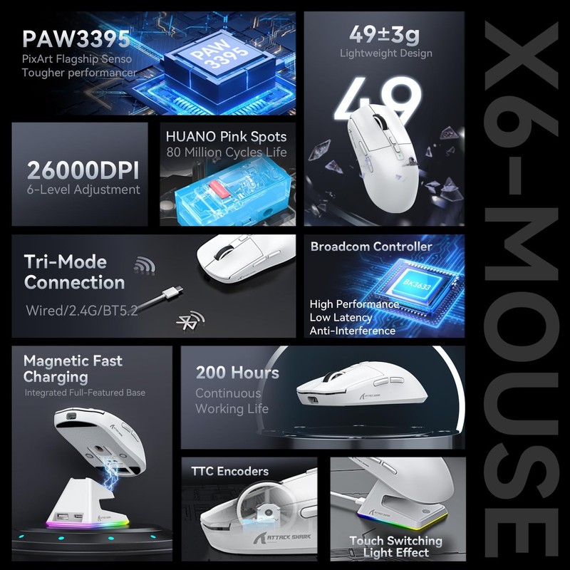 Attack Shark X6 Ratón Inalámbrico Ligero para Juegos con Cable