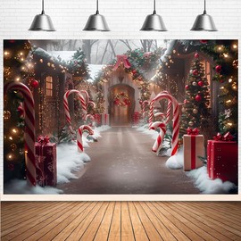 Christmas Candy House Backdrop for Photography Xmas Gift Wreath Family Holiday Party Decoration Winter Snow Christmas Candy Street Background Christmas Eve New Year Party Background (7X5FT)