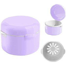 Yharnamite Denture Case, Denture Cup for Soaking Dentures, Denture Bath Box with Rinsing Basket, Retainer Case Mouth Night Guard, Travel Aligner Mouthguard Containers Box (Purple)