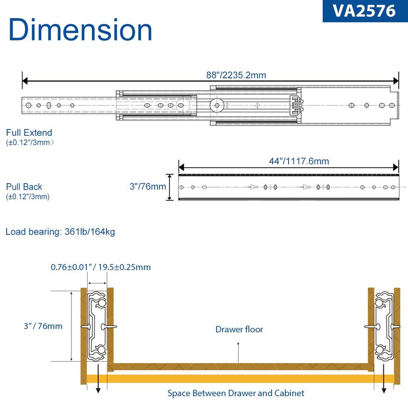 VADANIA 44" Industrial Grade Heavy Duty Drawer Slide Without Lock