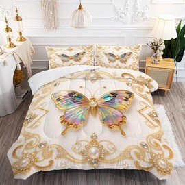 DJNEAR Gold Butterfly Comforter Set Queen: Animal Bedding Sets for Kids Teens Girls Women 3D Colorful Diamond Butterflies Quilt Bedroom Decor 1 Comforter 2 Pillowcases