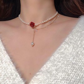 Iaceble Vintage Pearl Rose Flower Necklace Red Rose Choker Necklace White Pearl Beaded Necklace Boho Pearl Crystal Necklace Pearl Wedding Bridal Necklace Jewelry for Women