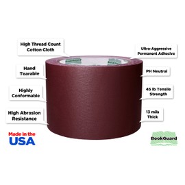 BookGuard 3 inch Premium Cloth Bookbinding Repair Tape, 15 Yard Roll, Burgundy