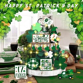 Wenqik Wenqik 16 Pcs St. Patrick's Day Tiered Tray Decor with LED String Light Happy Clover Gnome Wood Table Sign Shamrock Decor Saint Patty's Day Table Decoration for Tabletop Shelf Decor(Clover)