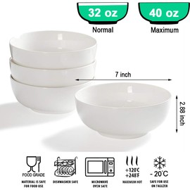 40 Ounces Soup Bowls, Salad Bowls, Cereal Bowls, Pasta Bowls, Pho Bowls, Durable Porcelain Off White Bowls Set of 4, 7 Inch