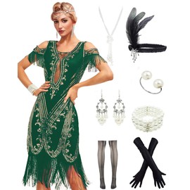 LELOVEFU 1920s Flapper Long Fringed Gatsby Roaring 20s Sequins Beaded Vintage Art Deco Dress w/ 20s Accessories Costume set