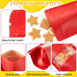 Leelosp 300 Pcs Kraft Bags with Window 5 x 8 Inch Kraft Stand up Paper Bags Reusable Food Storage Pouches Heat Sealable Zipper Sealing Pouches Bulk for Packaging Business(Red)