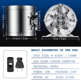 Vary 6in Inline Duct Fan - Silver 6inch High Air Flow Extractor Metal Exhaust Fan With Check Valve & Mesh for Garage, Grow Tent, Attics