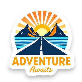 Sticker Gold - Adventure Awaits Sunrise Sticker - 11cm x 12cm - Campervan Camper Vanlife Caravan Holiday Decal