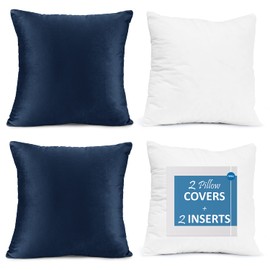 Nestl Throw Pillow Inserts Pack of 2 with Velvet Soft Solid Decorative Square Throw Pillow Covers Set for Sofa Couch Car Bedroom with 26X26 Throw Pillows Inserts with Cushion Covers, Navy Blue