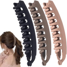HINZIC 3pcs Large Banana Hair Clips for Women, Non-Slip Double Combs Hair Claw Clips, Strong Hold Hairpin Hairstyling Accessories for Thick, Long, Curly Hair- Black, Coffee, Light Coffee (Frosted)