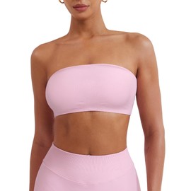 YEOREO Strapless Bandeau Sports Bra for Workout Seamless Tube Top Gym Padded Wireless Bra Pink M